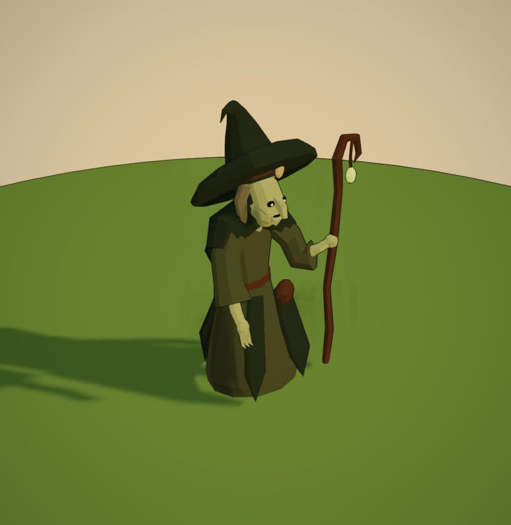 Bog hag after the update, shown in the same three-quarter view. A bent hat, ragged mossy robe, and crooked staff frame a quietly glowing face.