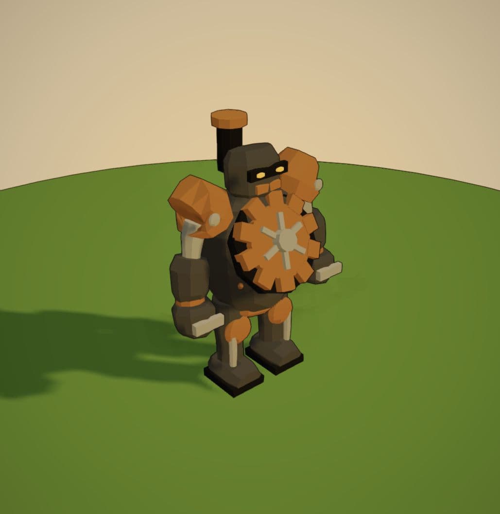 Gear golem after the update, shown in the same three-quarter view. Heavy armor, mechanical joints, and a bright core make the golem feel built for the battlefield.