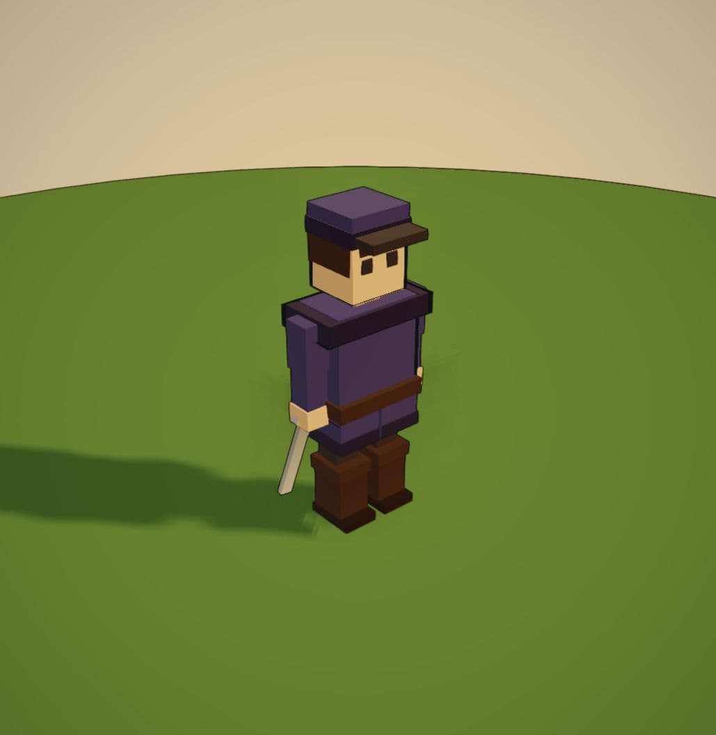 The earlier hero in a purple tunic, cap, and brown boots, holding a sword.