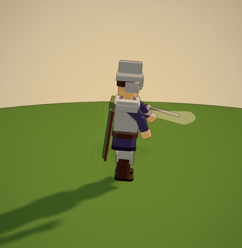 The updated hero holding a sword across the body in a captured strike pose.