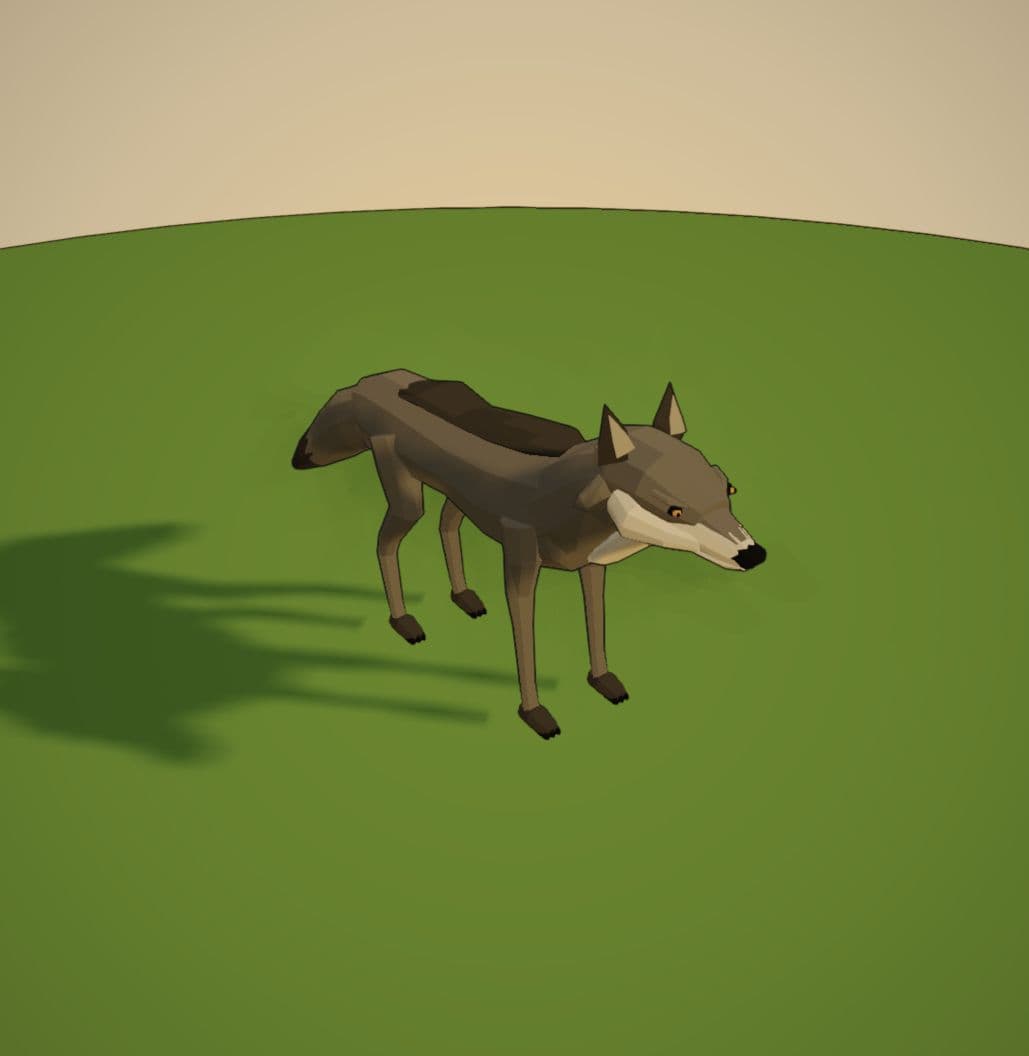 The updated lean brown wolf with long legs, pointed ears, a pale muzzle, and a lowered tail in the same view.