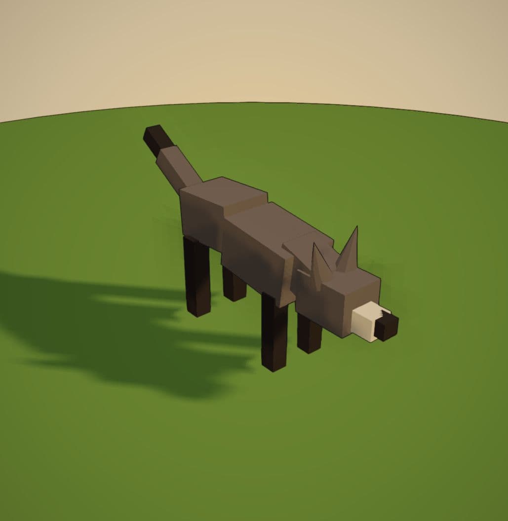 The earlier box-shaped brown wolf with a raised tail, in a three-quarter view.