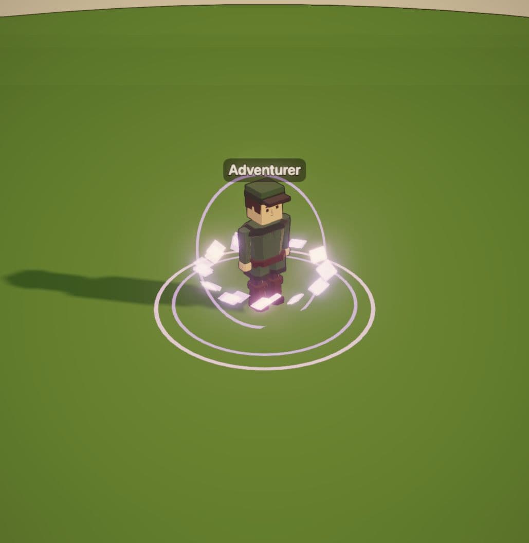 The adventurer surrounded by pale violet rings and glowing diamond-shaped shards above the ground.