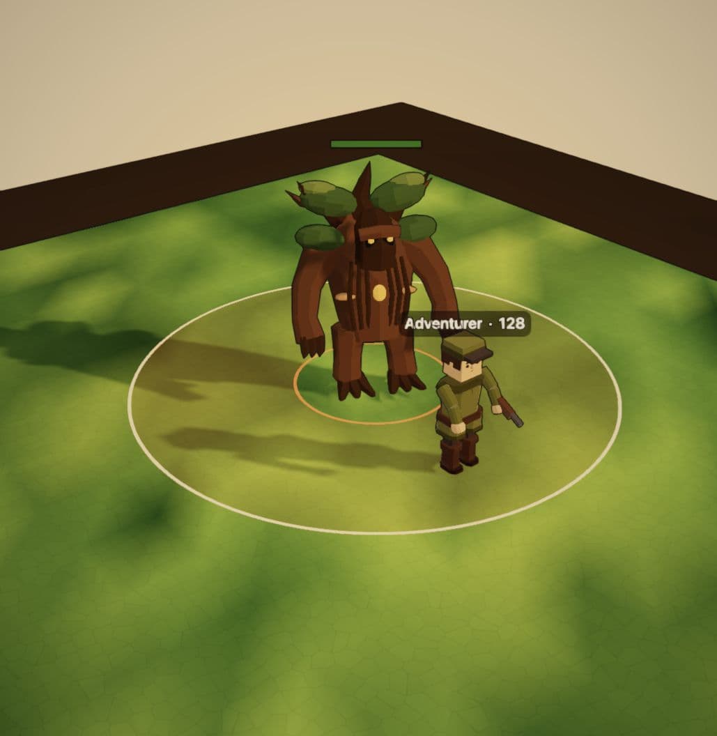 The Mossback Keeper faces the adventurer inside a broad pale circle marking its coming Root Crown attack.