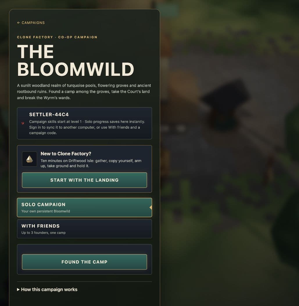 The Bloomwild campaign panel with solo and friends options and a Found the Camp button.