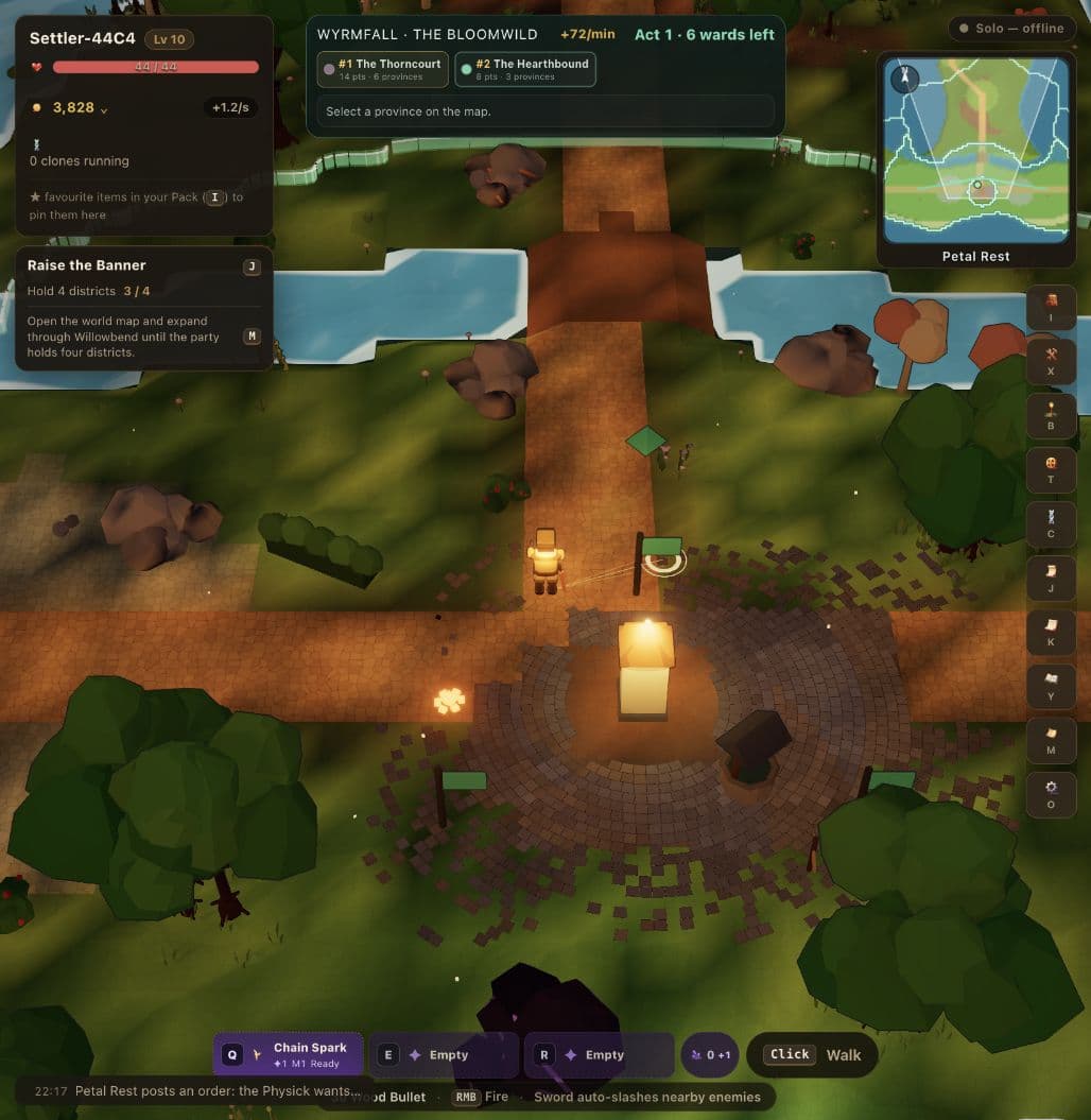 Bloomwild gameplay at Petal Rest, with a lit camp plaza, trees and a bridge at dusk.