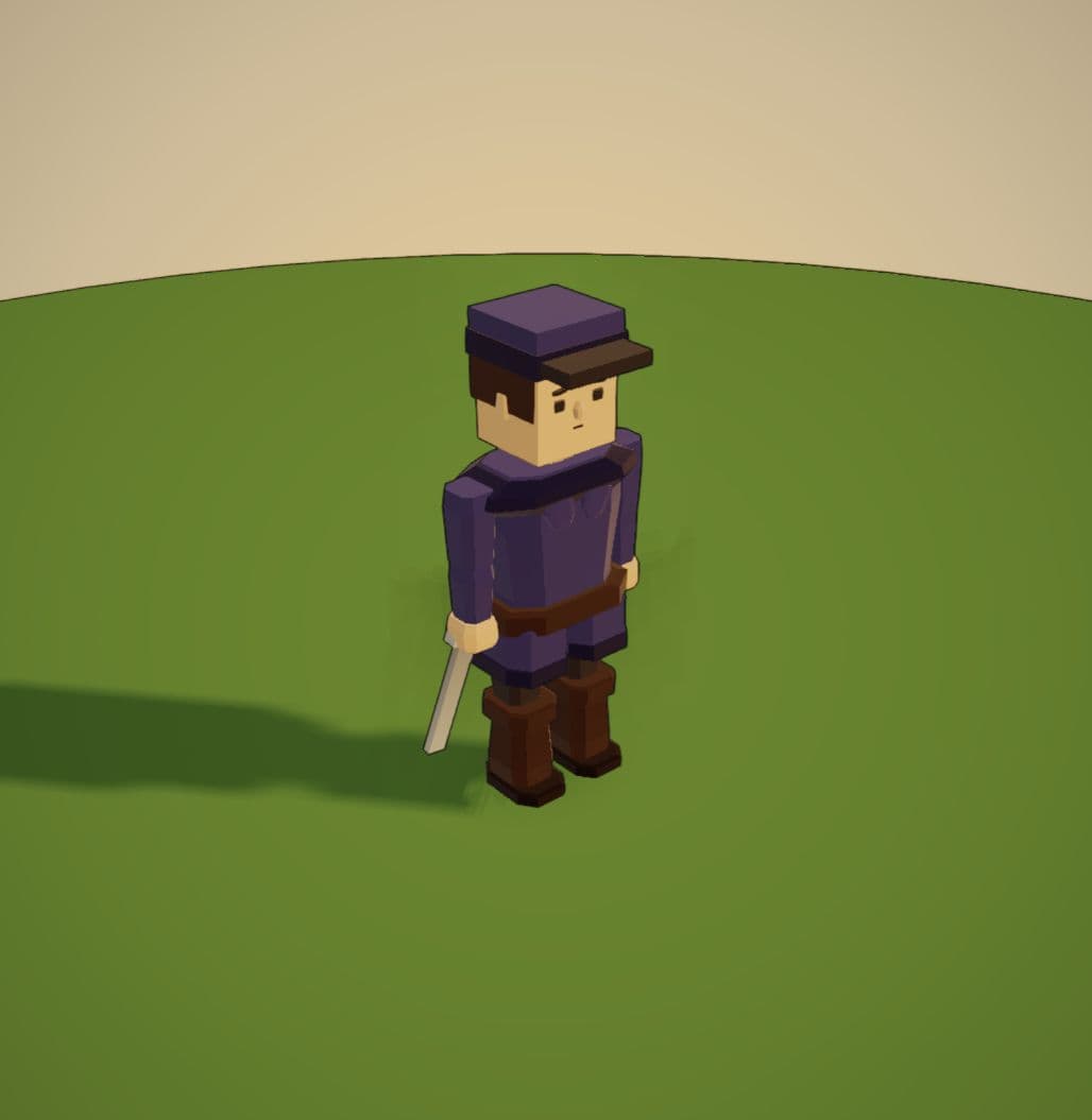 The same hero with the restored rectangular face and squared cap, keeping the purple outfit, boots and sword.
