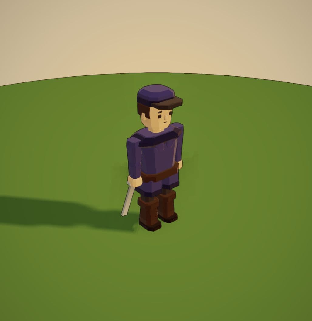 The hero with a tapered face and rounded cap, wearing the upgraded purple outfit and holding a sword.