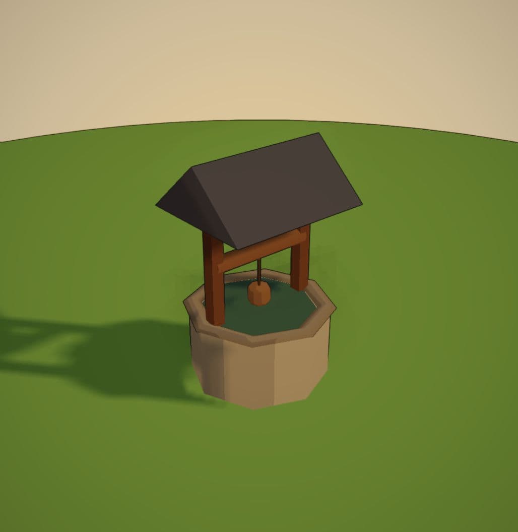 The updated well with an open dark basin, a hanging bucket and a timber crossbeam beneath the same roof.