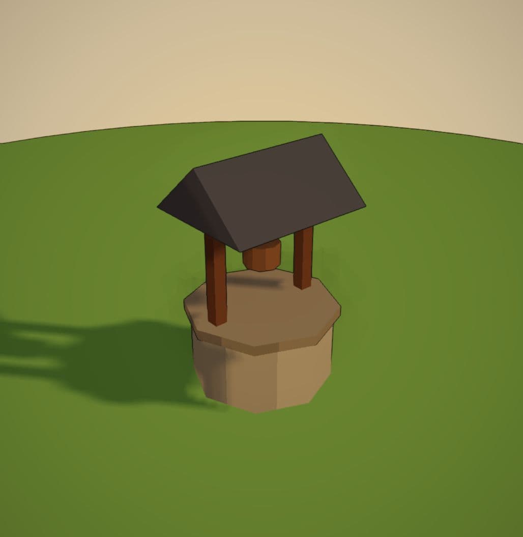 The earlier village well with a solid stone top beneath a simple pitched roof.