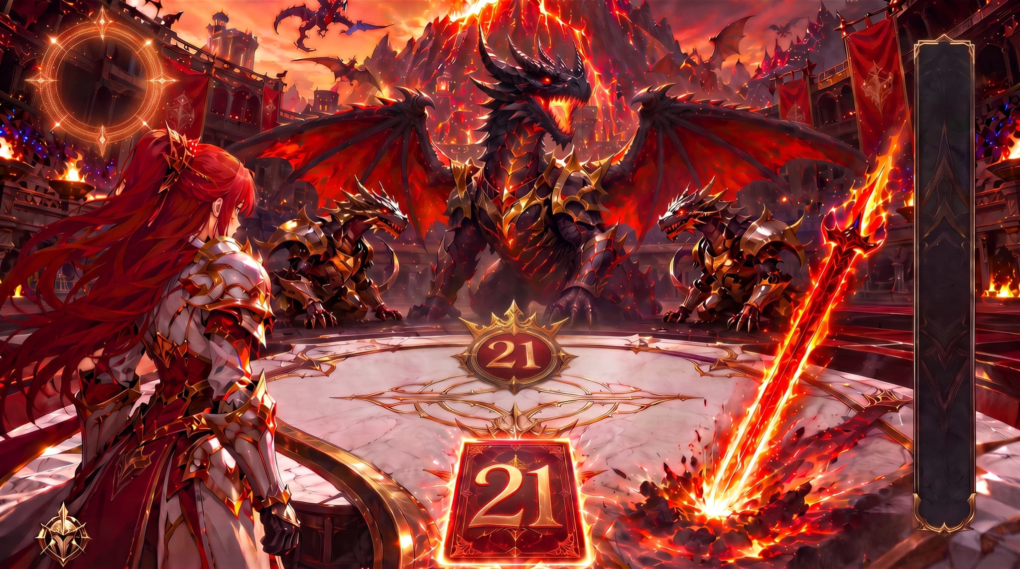 A red dragon rearing over a blackjack table in a volcanic colosseum